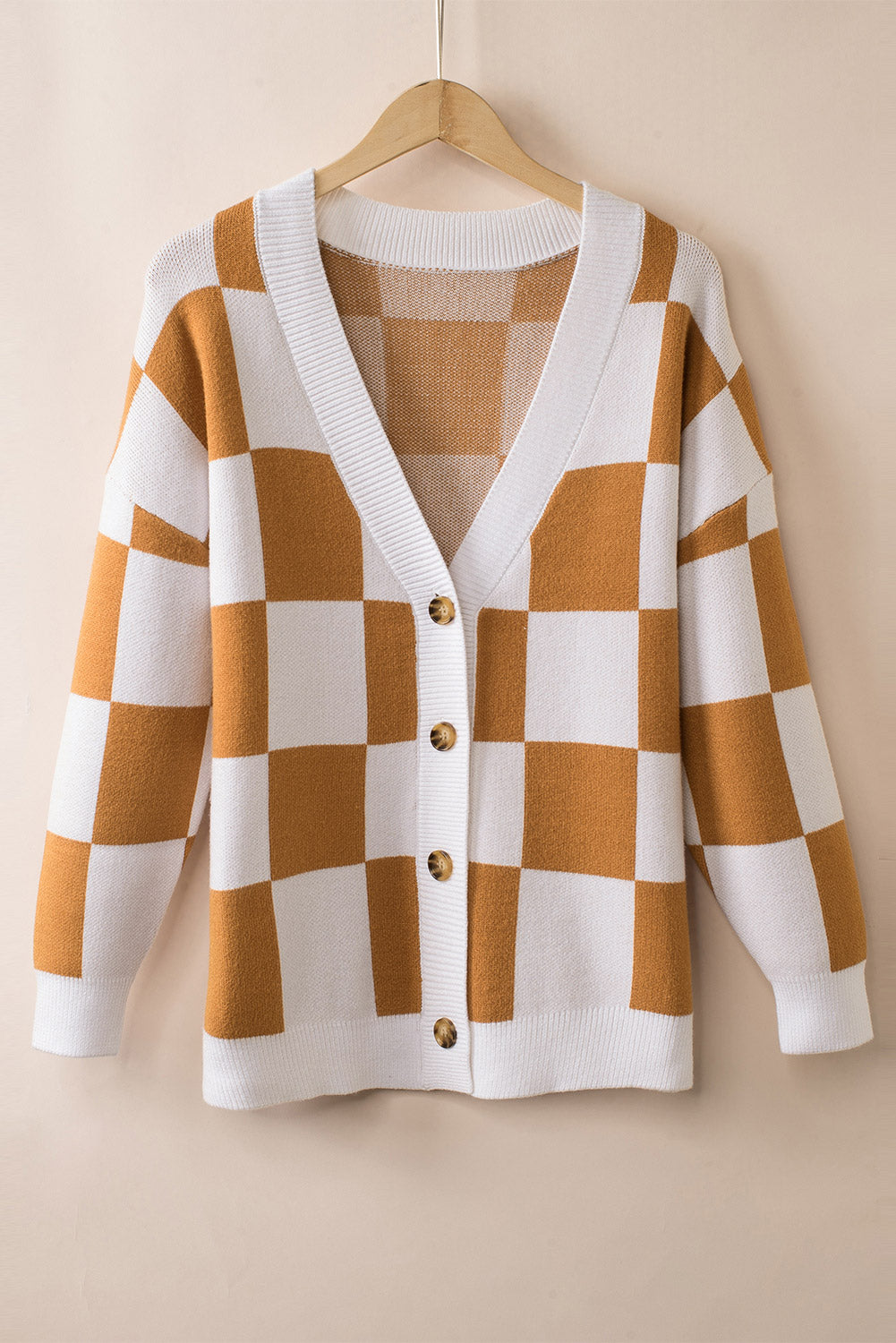 Cardigan maglione con bottoni e stampa a quadretti marrone a contrasto