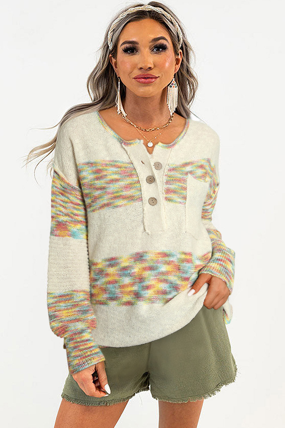 Pull en tricot Henley multicolore à teinture spatiale