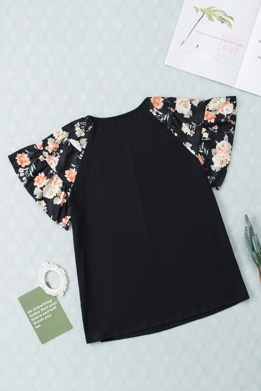 Black Tiered Floral Raglan Sleeve T Shirt