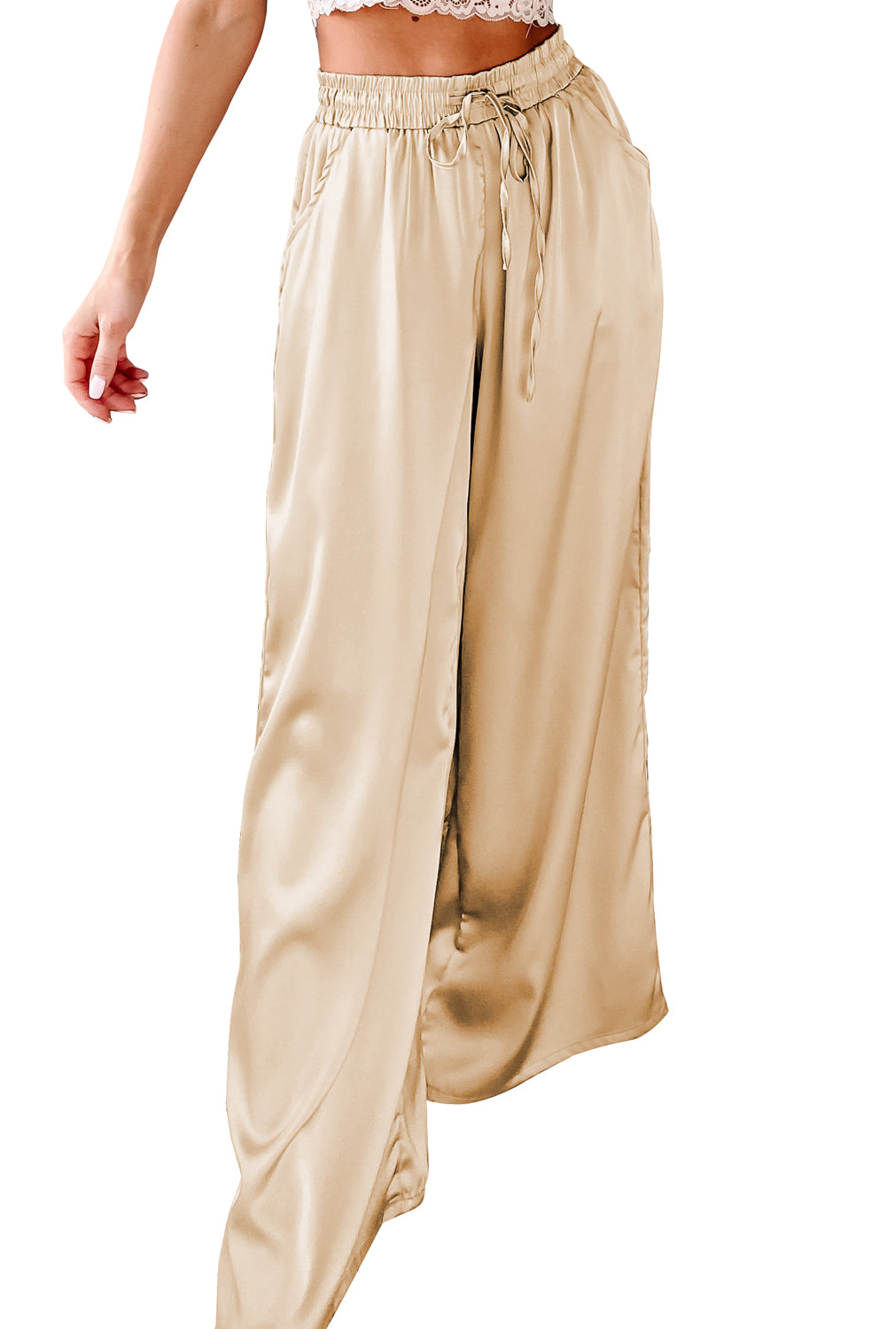 Pantalon large taille haute avec poches et cordon de serrage abricot