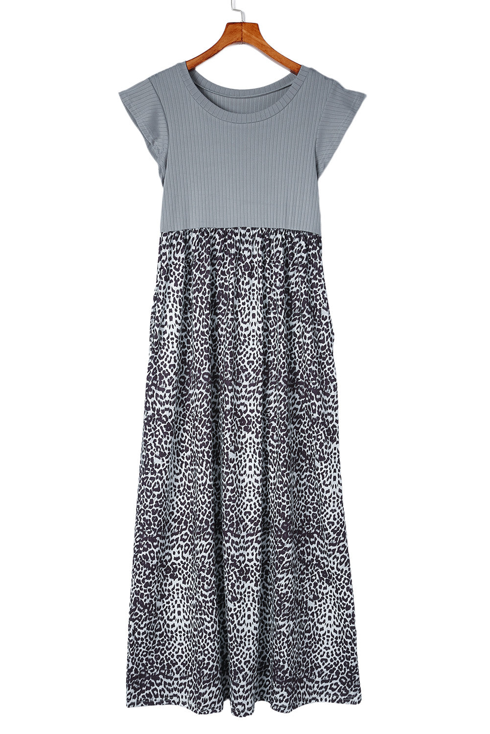 Gray Leopard Patchwork Ribbed Maxi Dress with Pockets