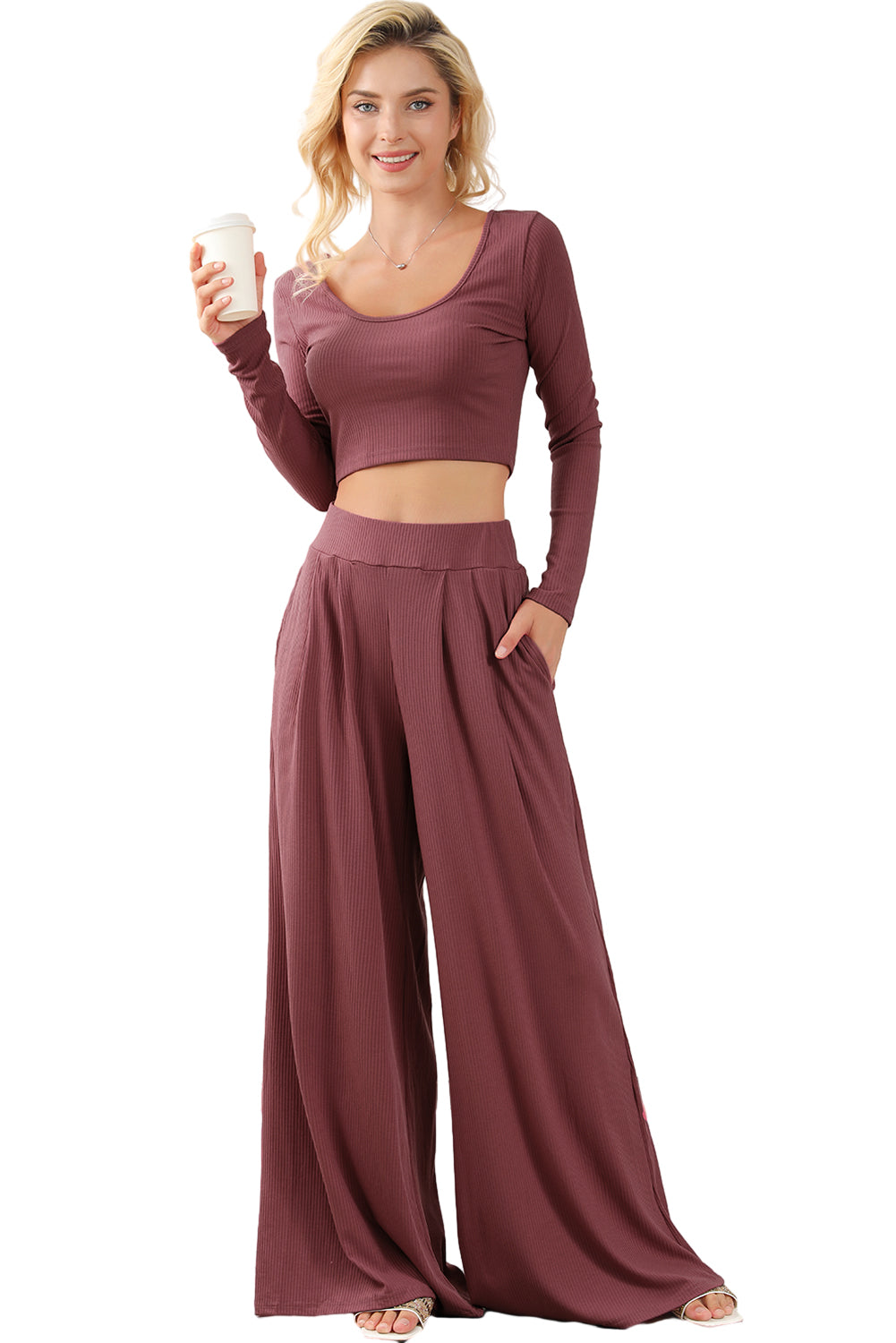 Solid Color Ribbed Crop Top Long Pants Set