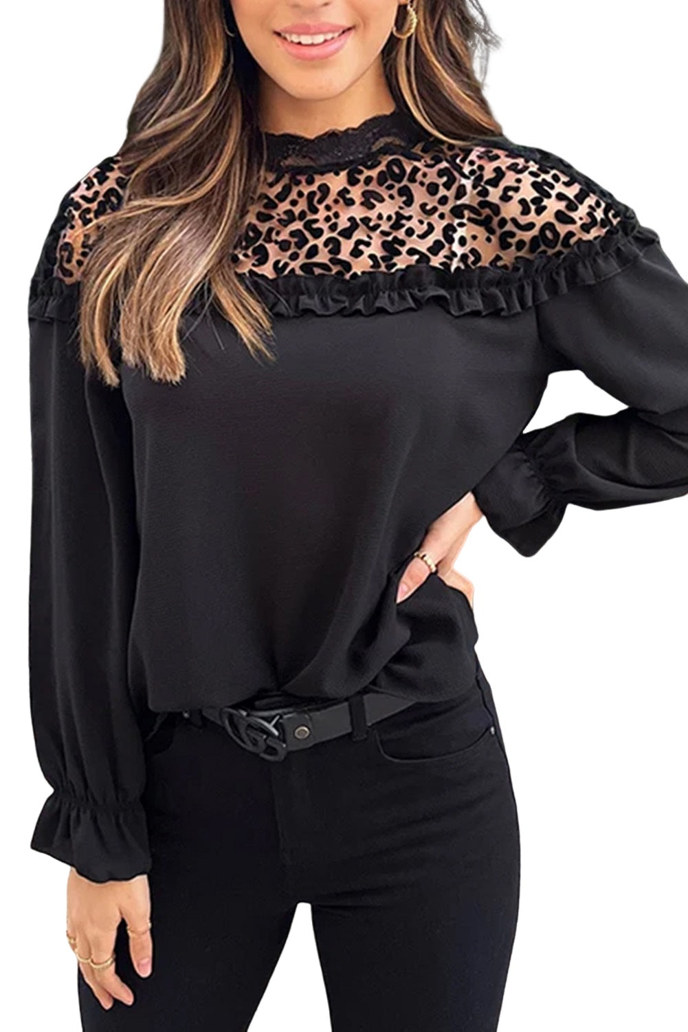 Črna bluza z dolgimi rokavi z leopardjo mrežico in naborki