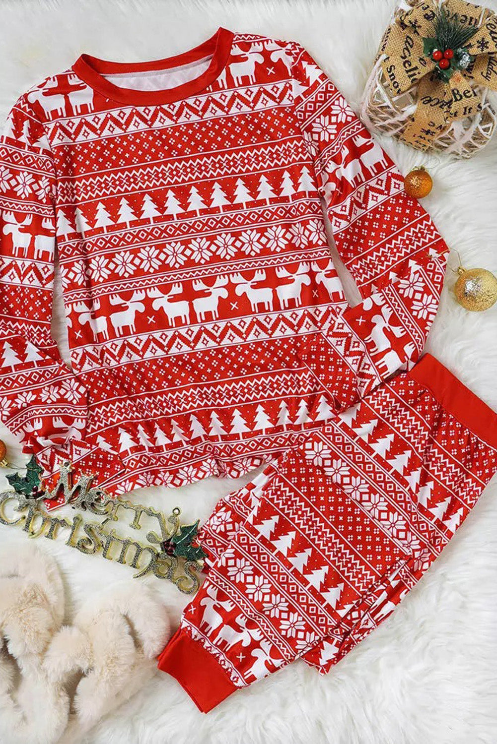 Fiery Red Christmas Tree Reindeer Pullover and Pants Lounge Set