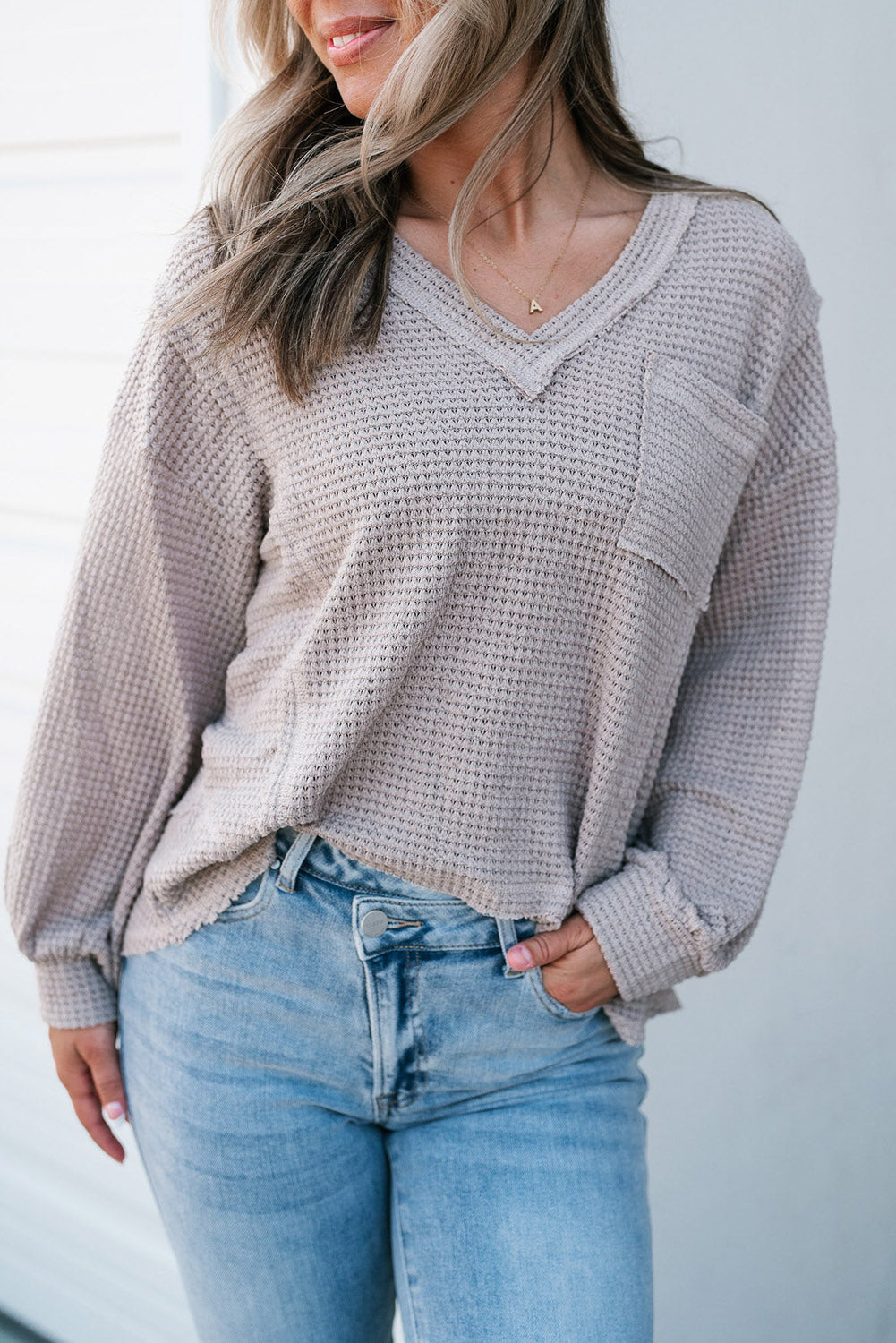 Mist Blue Raw Edge Detail Waffle Knit V Neck Top