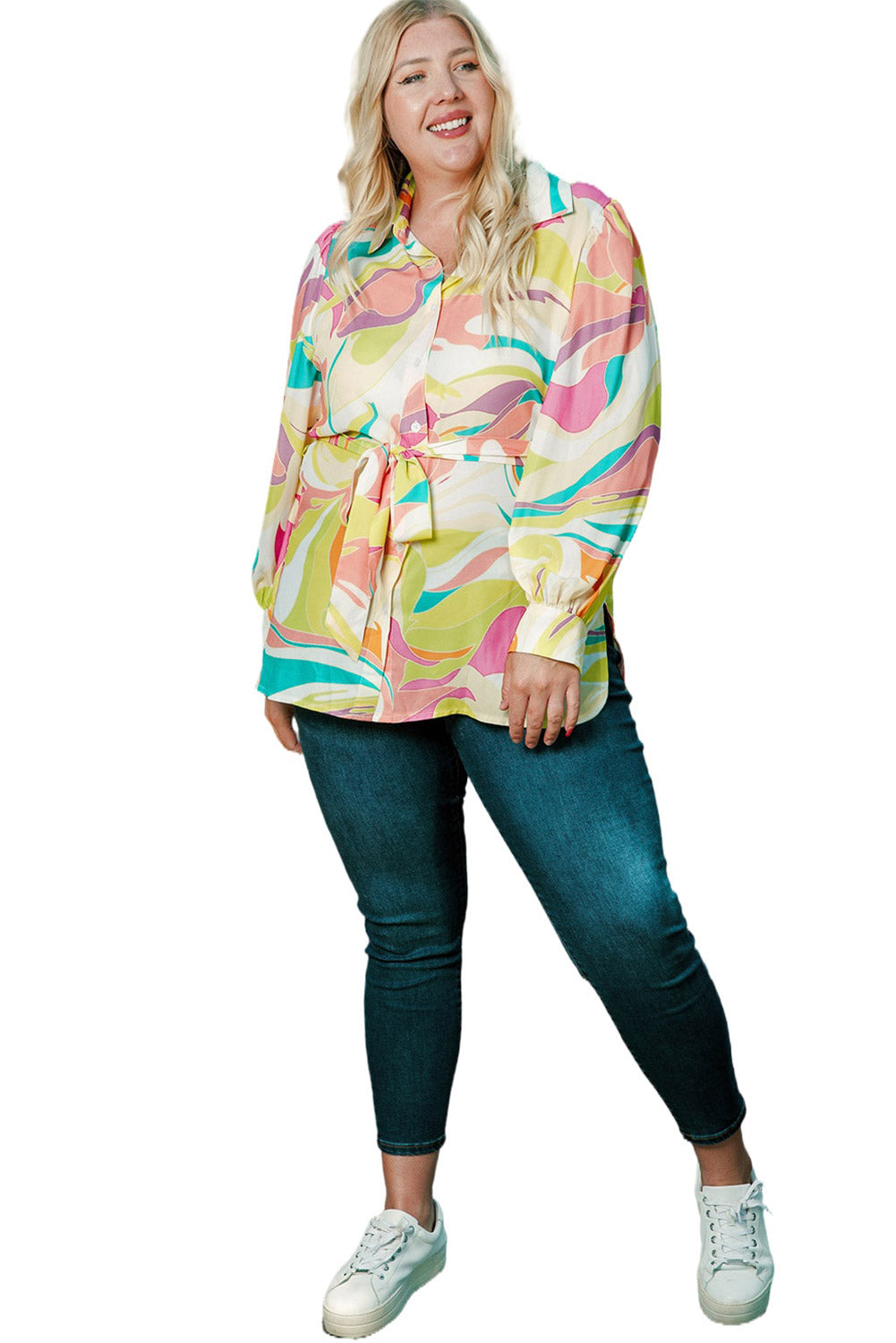Gelbes, lockeres Tunika-Hemd mit abstraktem Print in Übergröße