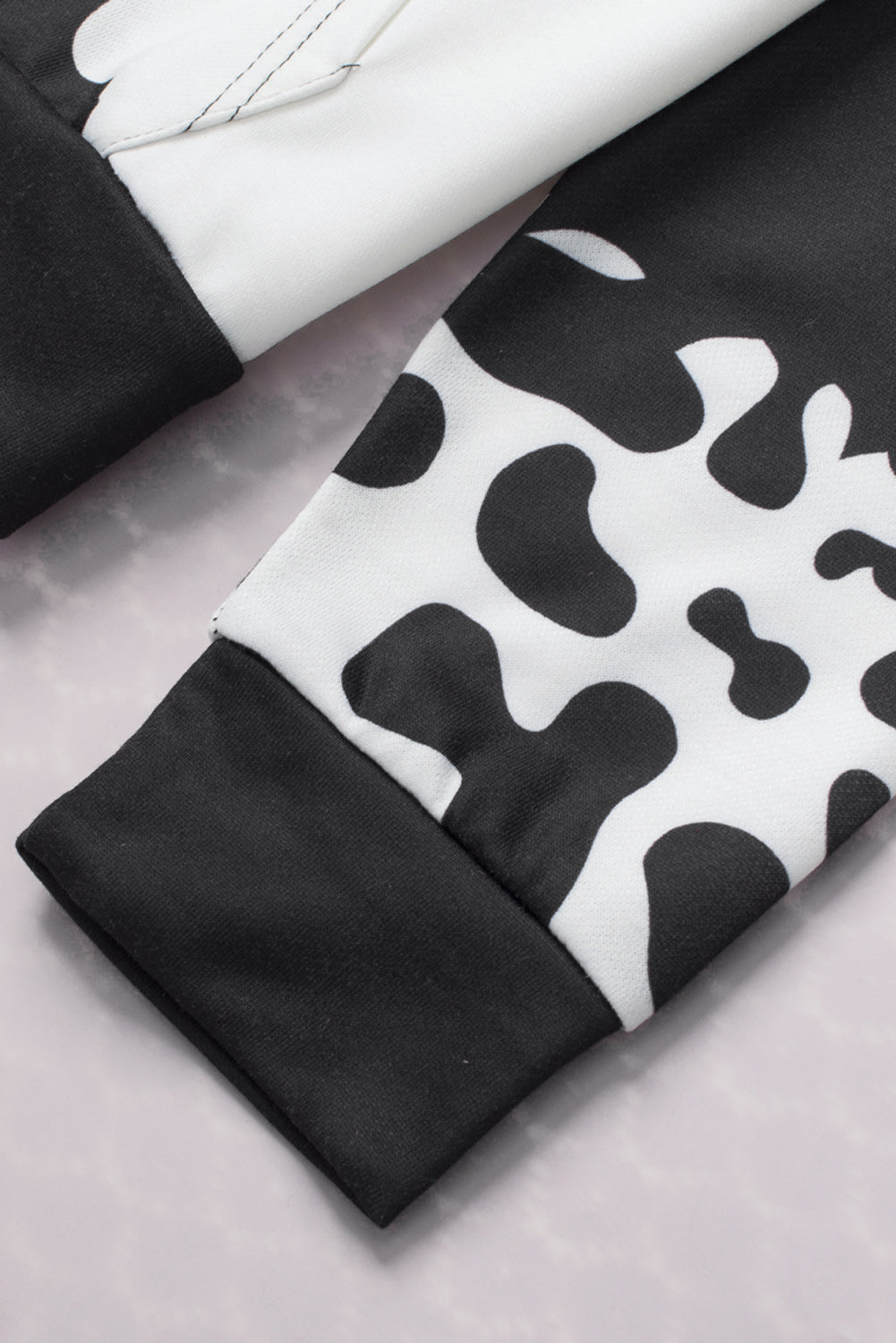 Black Cow Tie Dye Print Pocketed Drawstring Pullover Hoodie