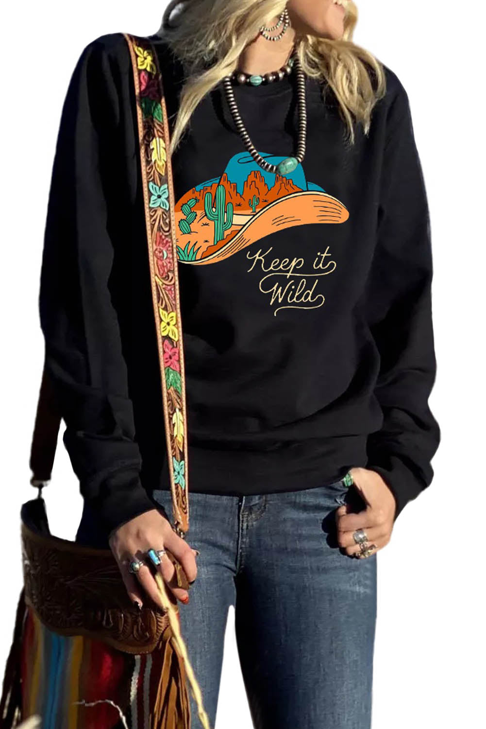 Letter Desert Hat Print Long Sleeve Black Sweatshirt