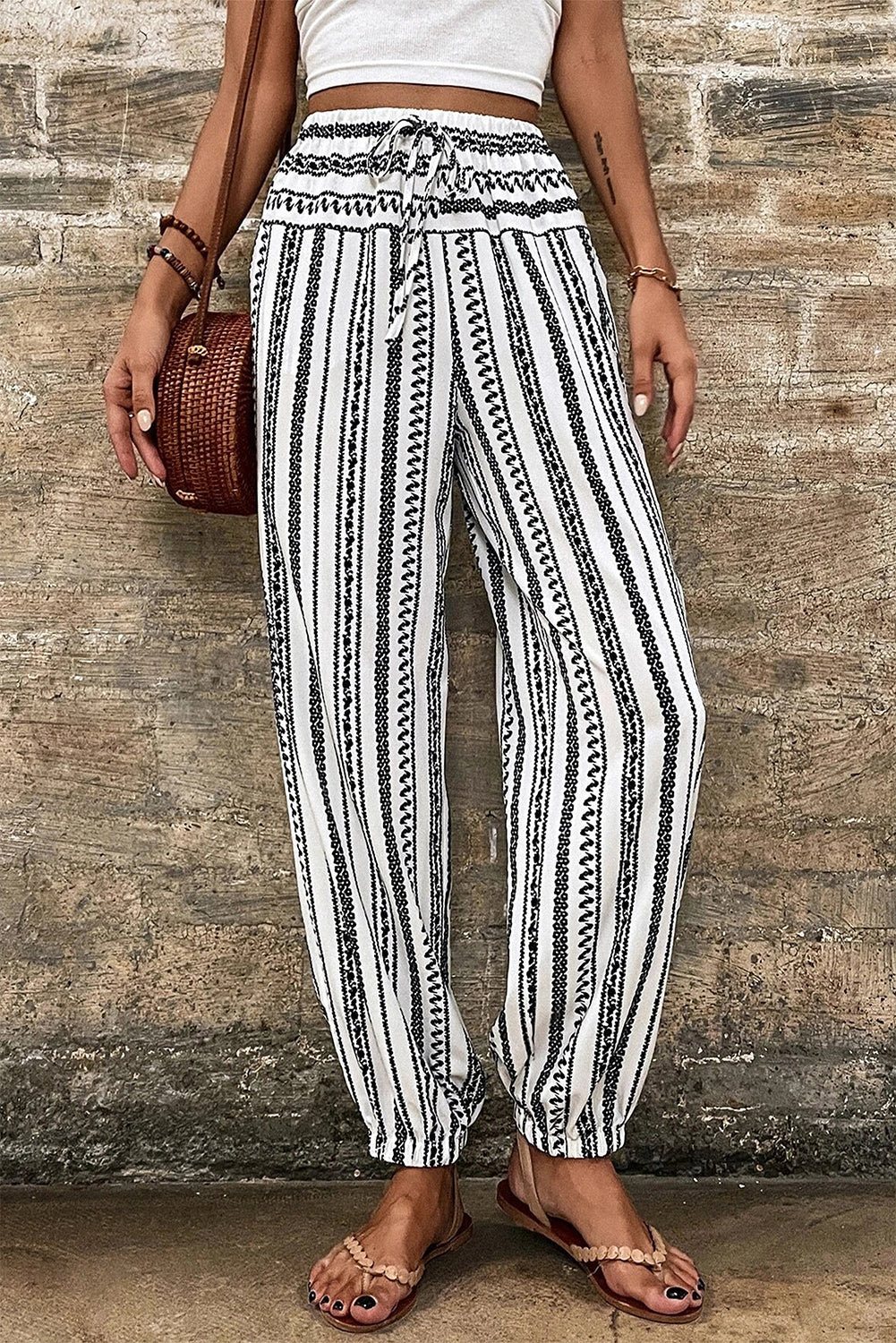 Black Stripe Boho Striped Print Casual Pants