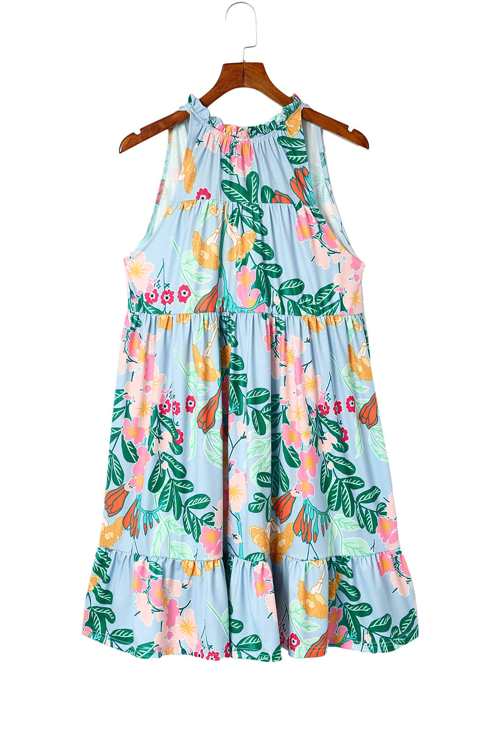 Nebeskoplava mini haljina s naborima s lažnim izrezom i cvjetnim printom