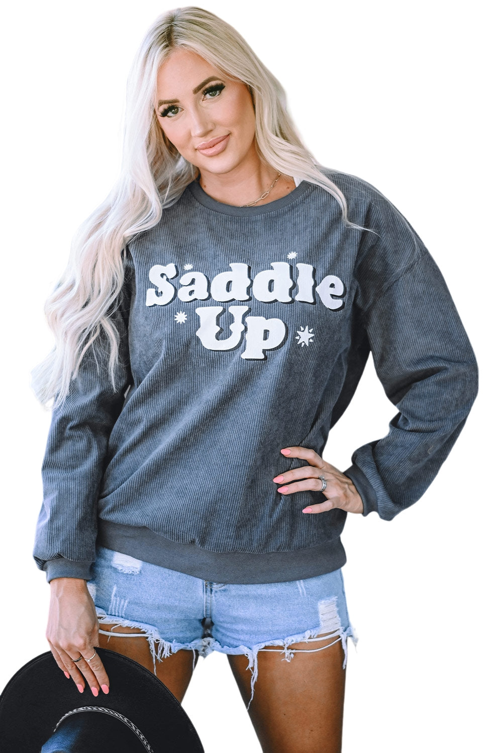 Graues Saddle Up Cord-Sweatshirt mit Grafik