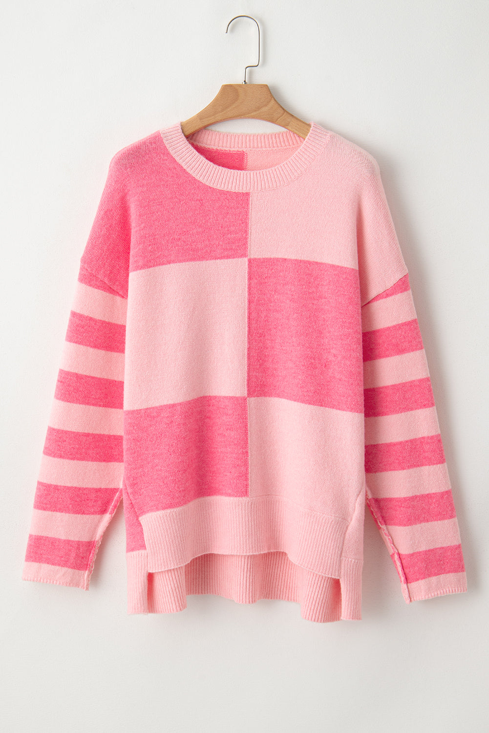 Rosa karierter Colorblock-gestreifter High-Low-Loose-Pullover