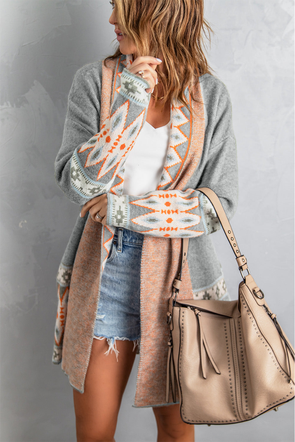 Orange Printed Aztec Print Open Front Knitted Cardigan