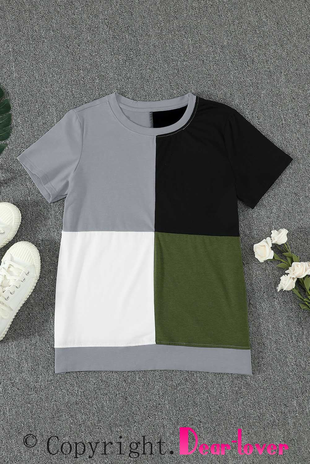 Armeegrünes Colorblock-T-Shirt mit Schlitzen