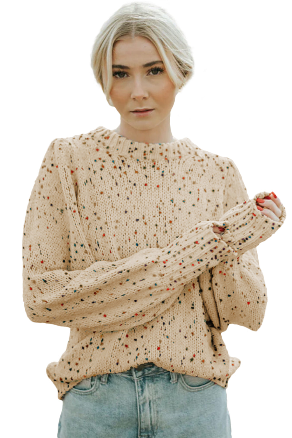 Maglione girocollo in maglia a trecce con puntini colorati beige francese chiaro