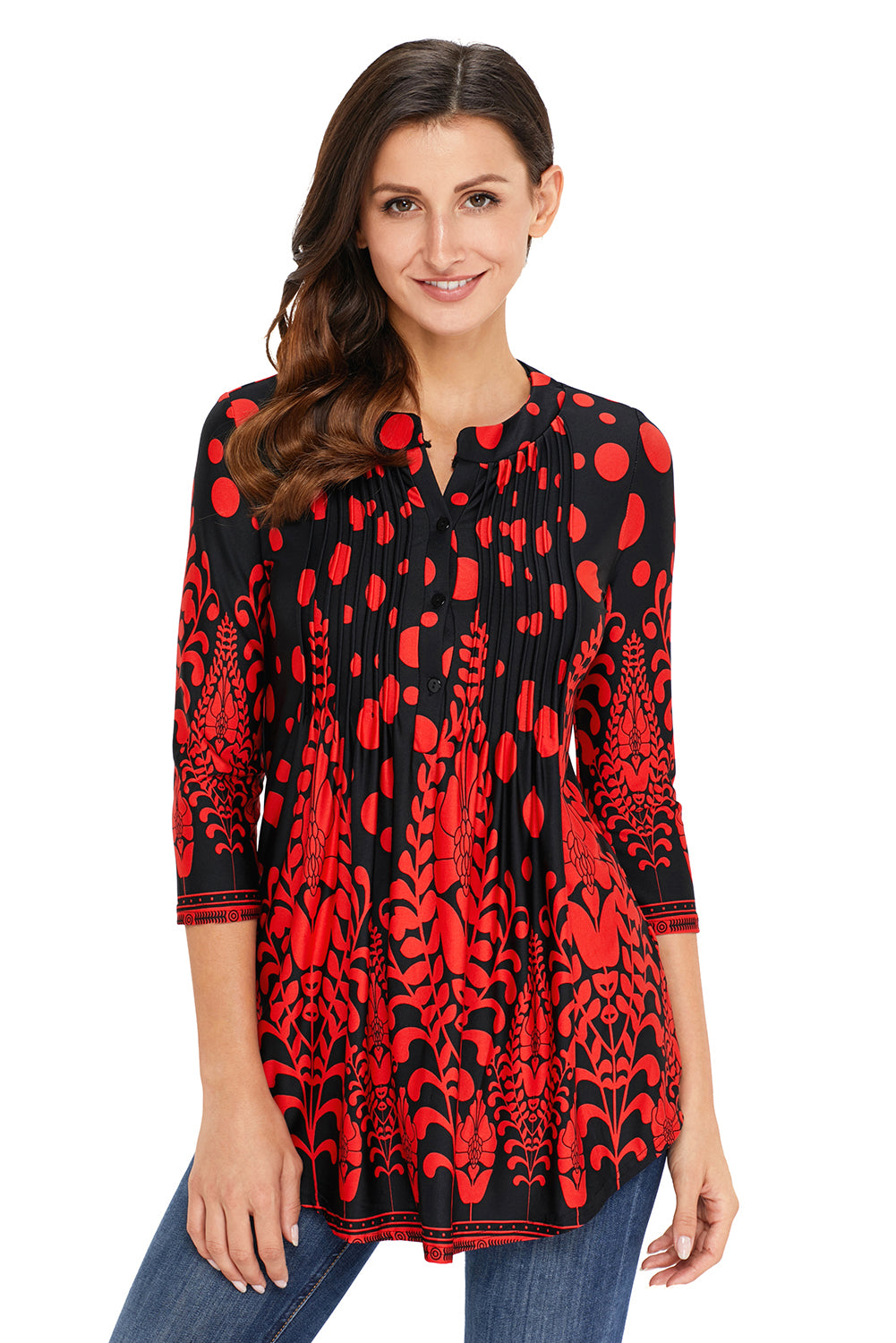 Black Floral Notch Neck Pin-tuck Tunic