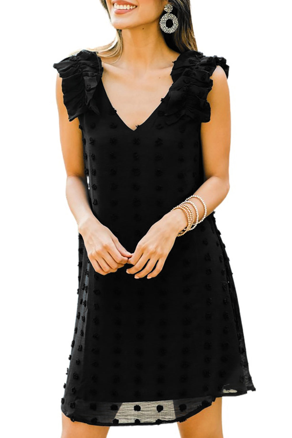 Black Swiss Dot V Neck Ruffled Sleeveless Mini Dress