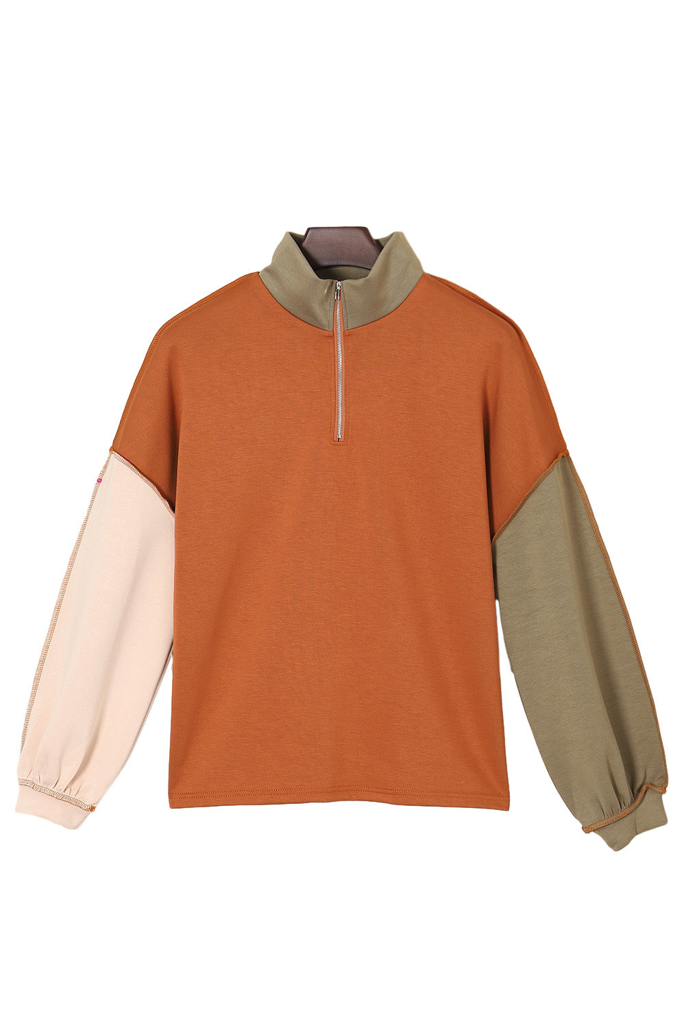 Khakifarbenes Sweatshirt mit Farbblock-Reißverschluss und freiliegenden Nähten