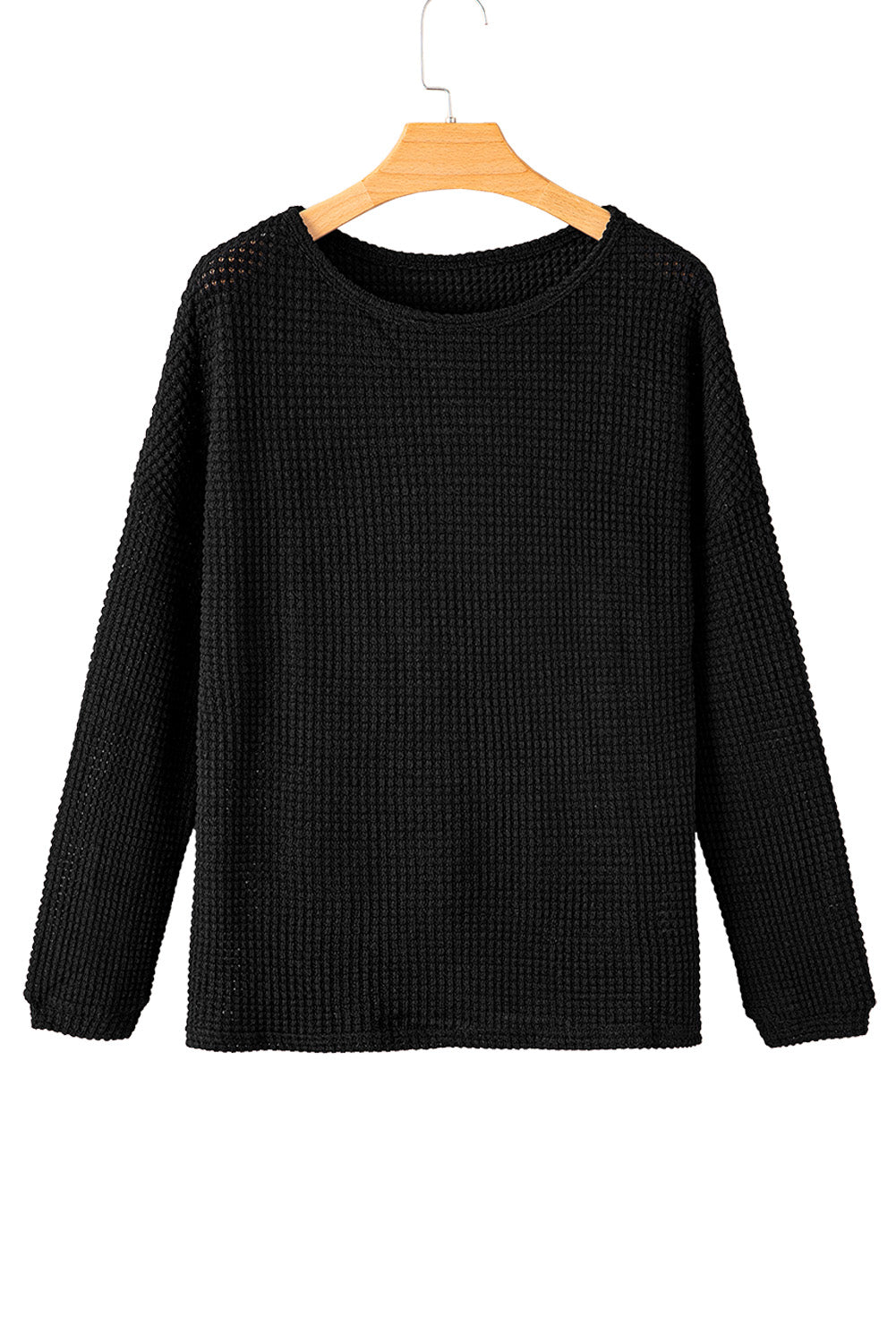 Črna vafelj pletena majica z dolgimi rokavi na spuščena ramena