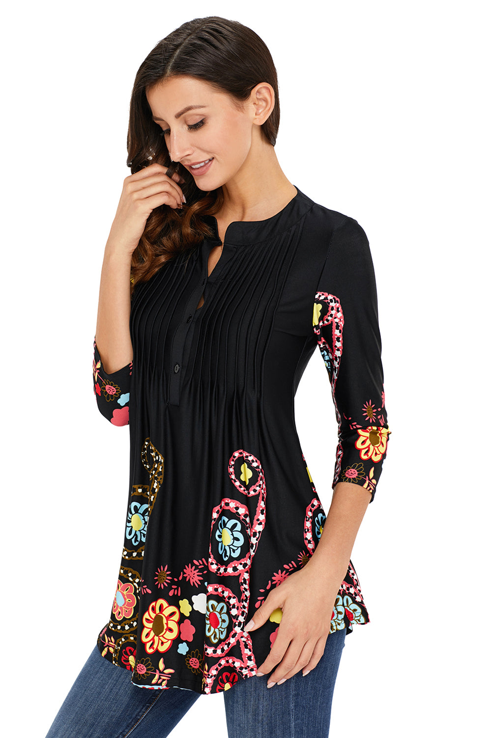 Black Floral Notch Neck Pin-tuck Tunic