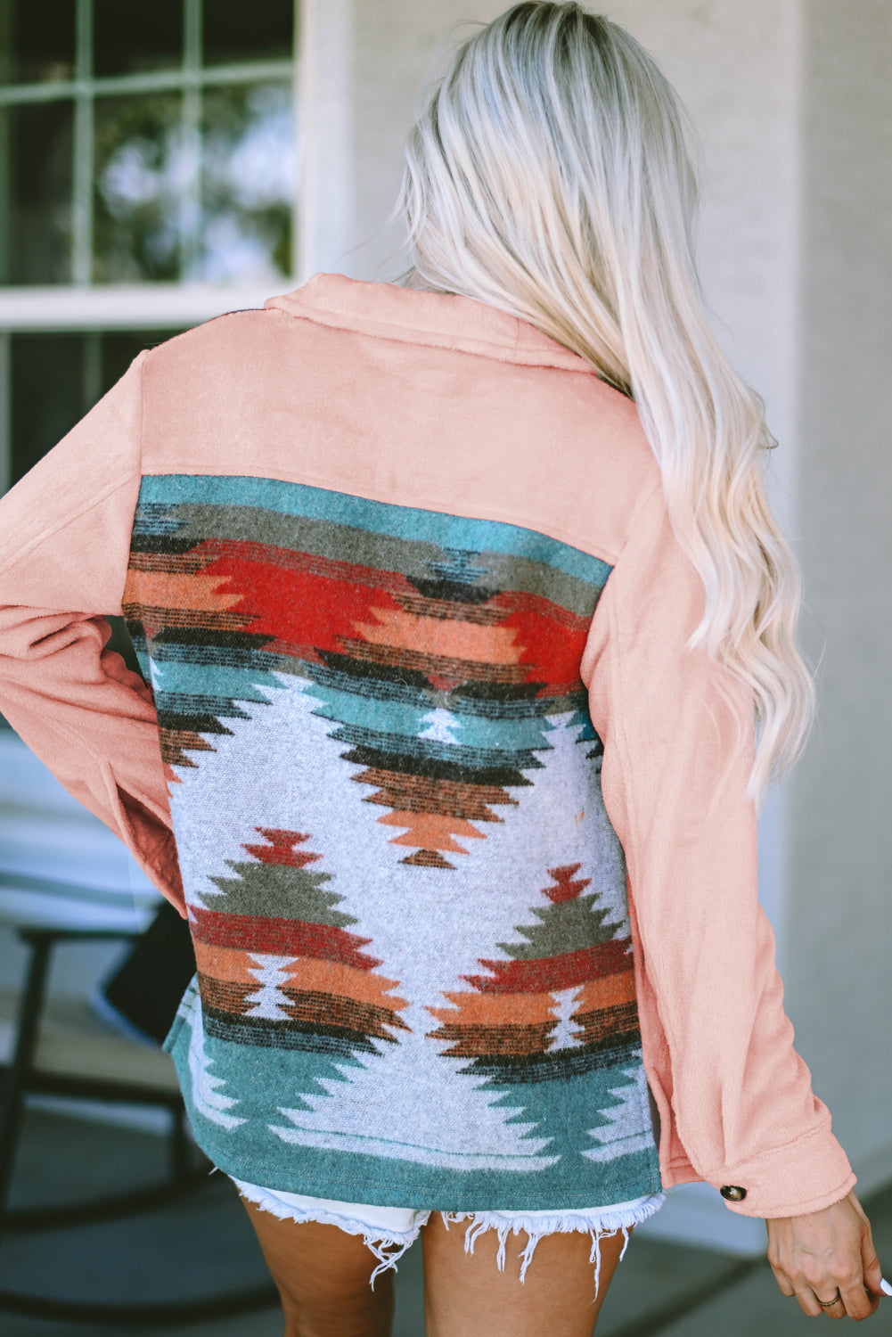 Giacca da camicia abbottonata patchwork azteco occidentale color albicocca