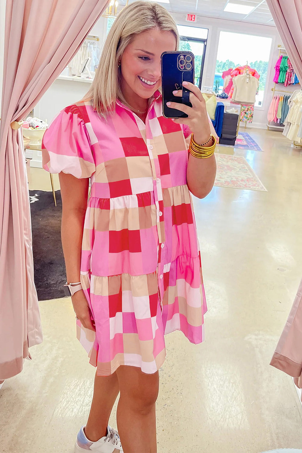 Pink Plaid Print Puff Sleeve Buttoned Tiered Dress