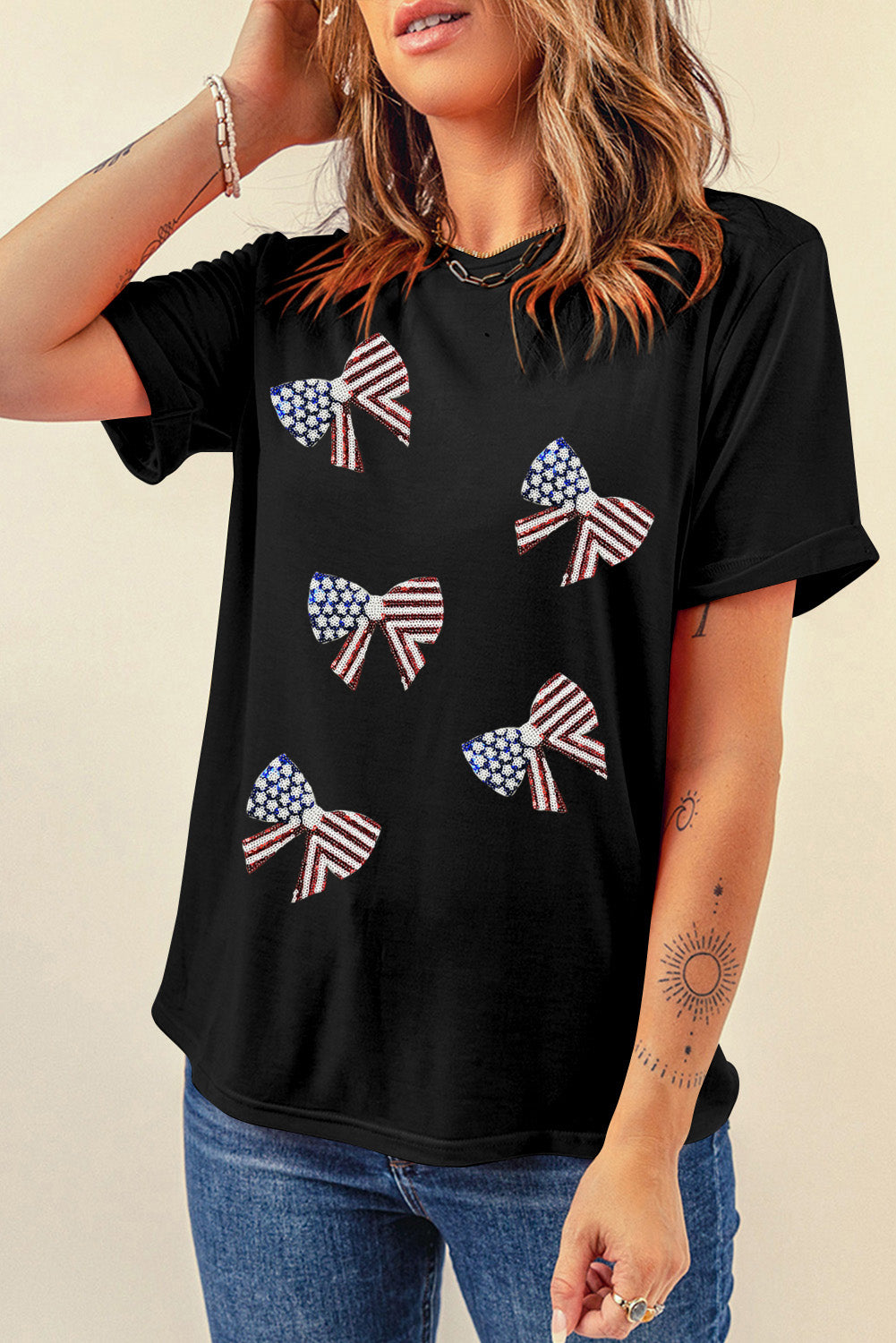 Black Sequined Flag Bowknot Graphic T Shirt