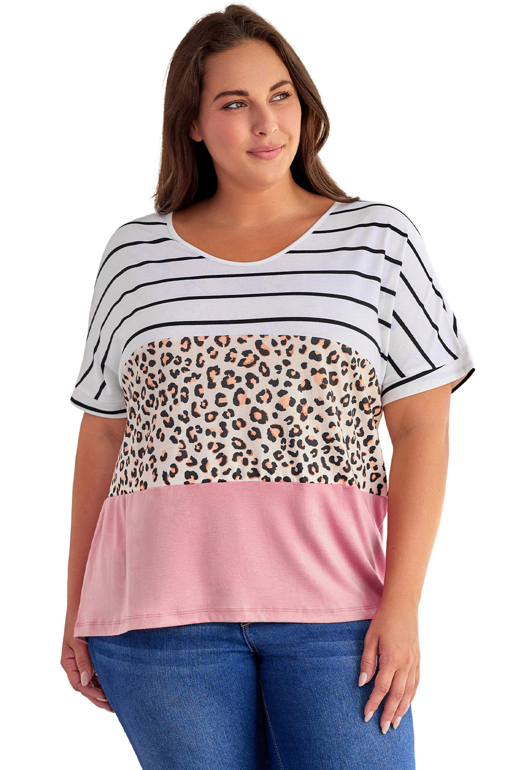 Gestreiftes Leoparden-Farbblock-T-Shirt in Übergröße