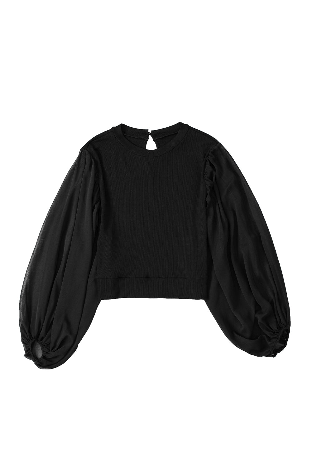 Črna mrežasta majica z napihnjenimi rokavi in ​​rebrami