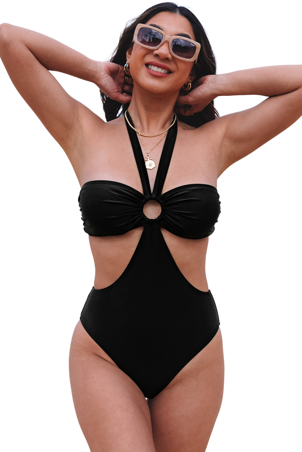 Crni jednodijelni kupaći kostim s O-prstenom i nabranim prsima
