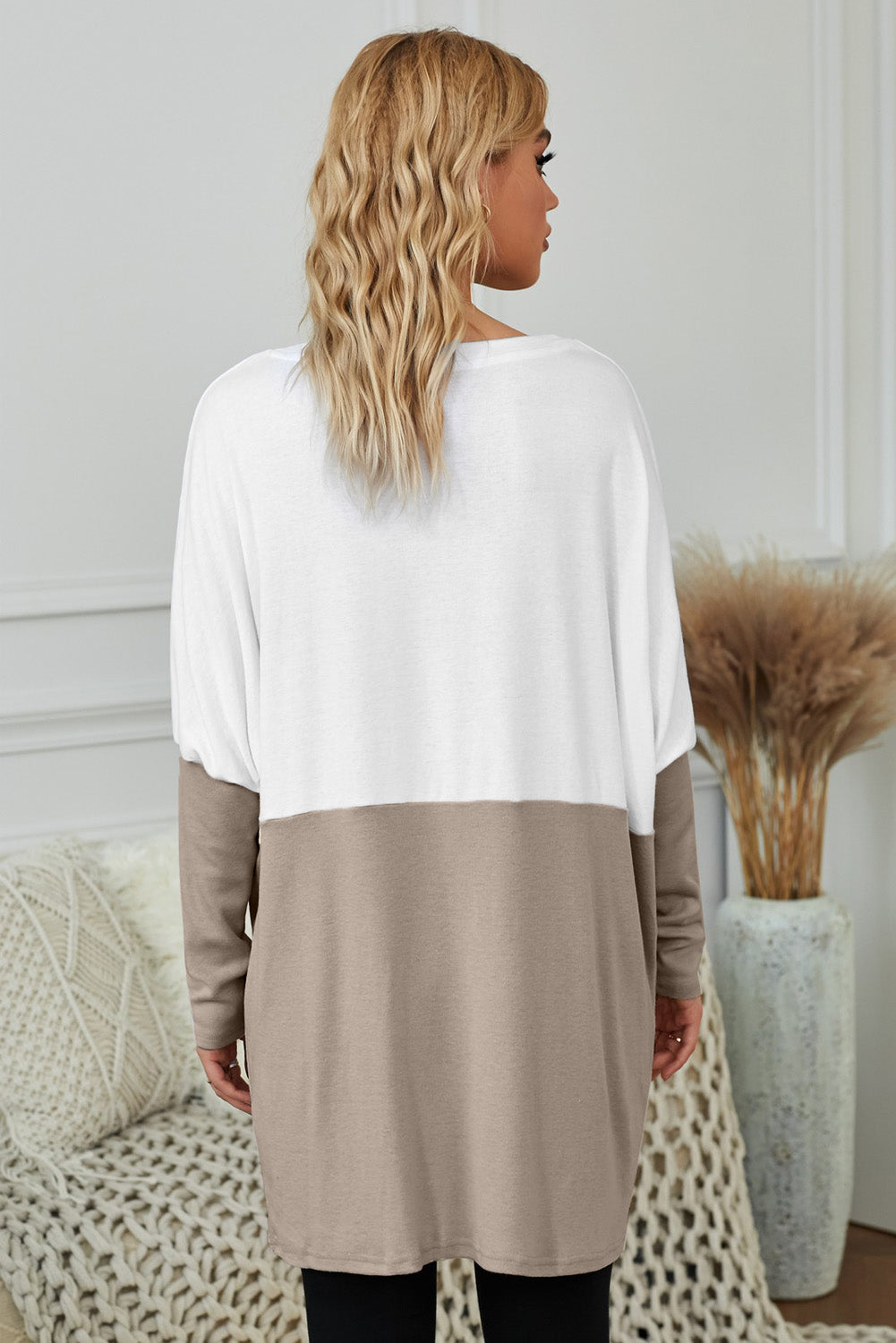 Khaki Colorblock Casual Long Sleeve Tunic with Pockets