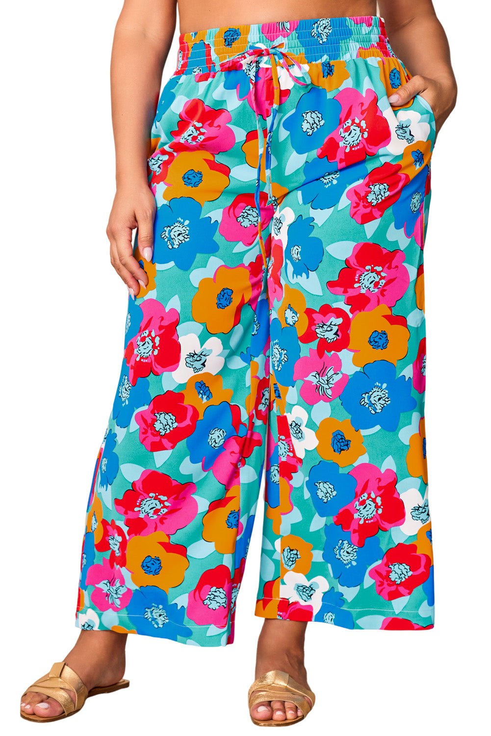 Pantaloni larghi con stampa floreale astratta multicolor taglie forti