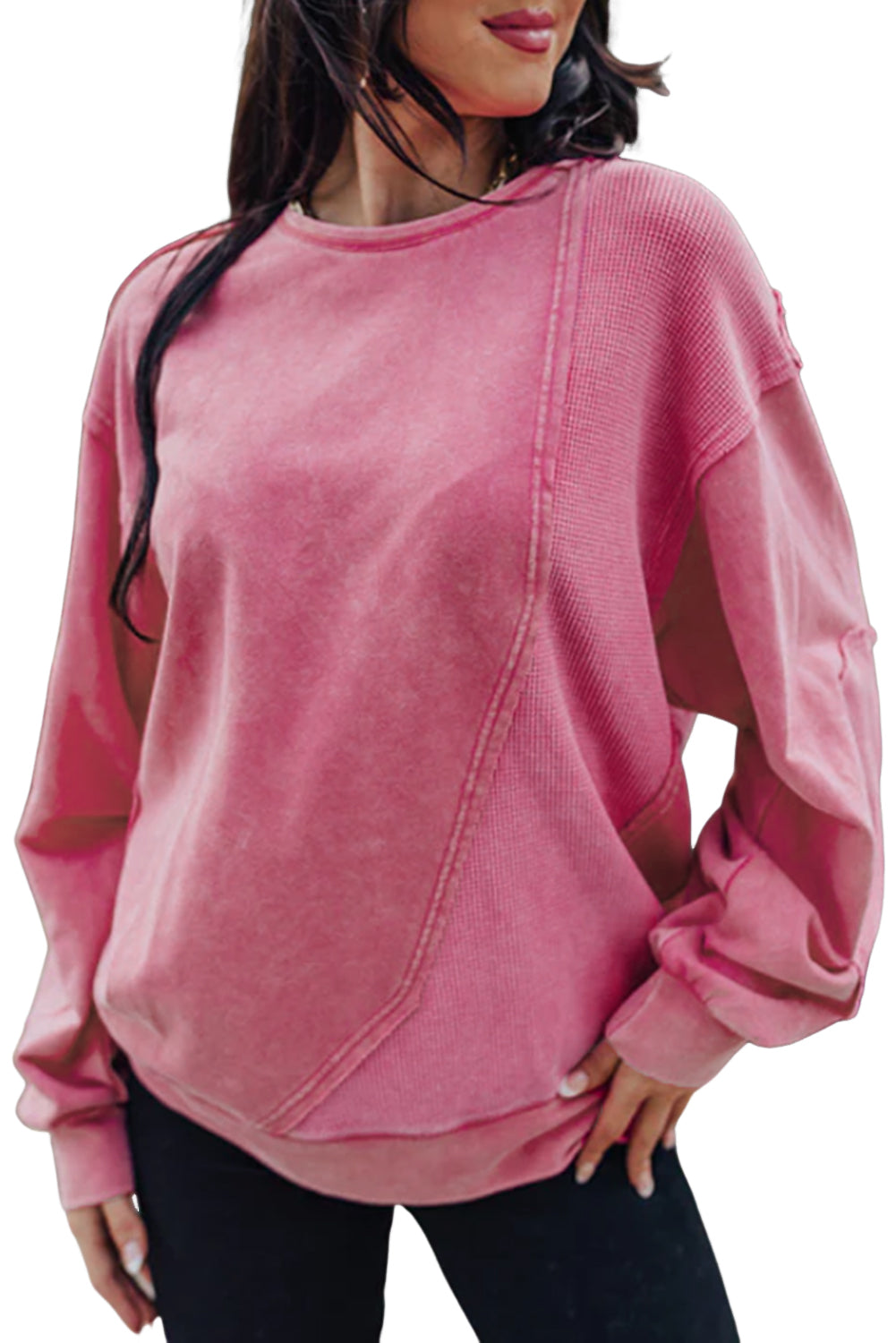 Sweat-shirt patchwork rose en tricot gaufré à coutures apparentes