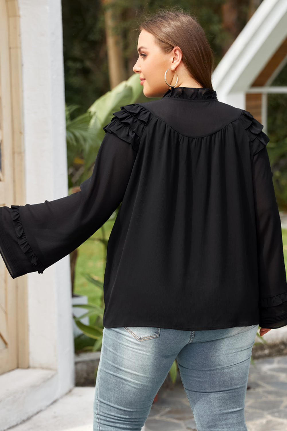 Black Tiered Ruffled Shoulder Buttoned Plus Size Blouse