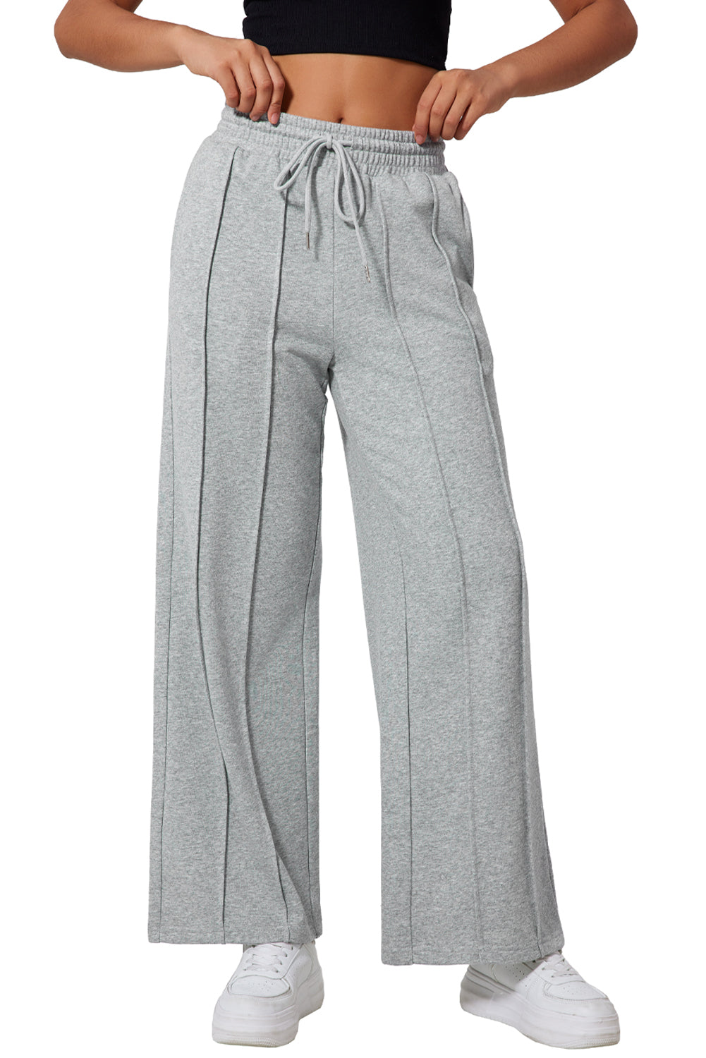 Pantalon de survêtement large taille haute avec cordon de serrage et coutures gris