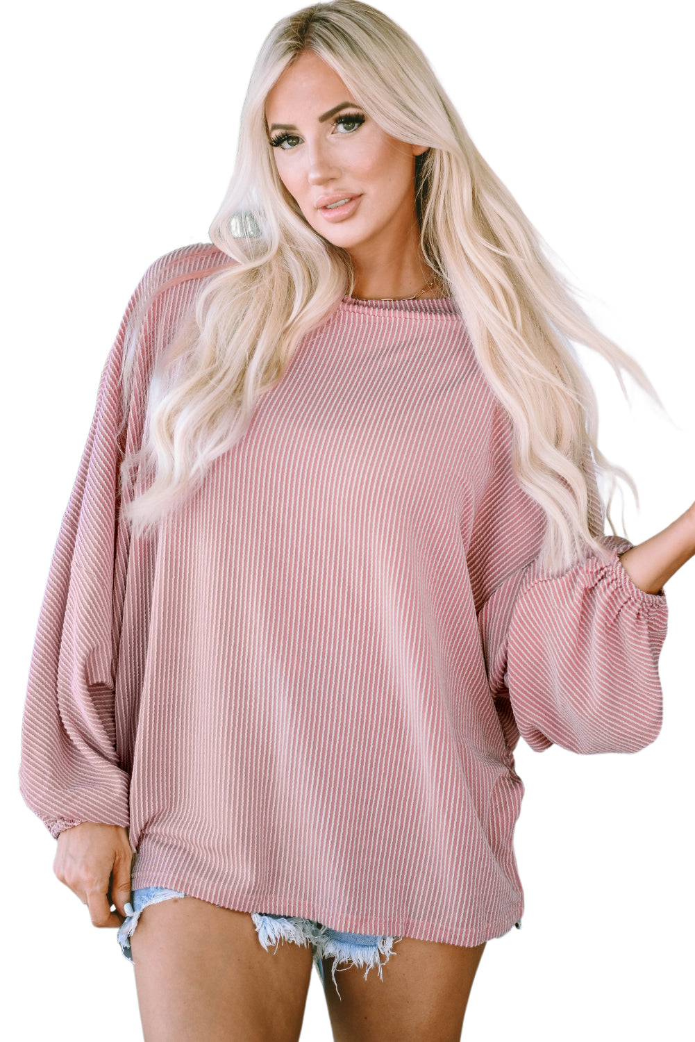 Pink One-Shoulder Balloon Sleeve Ribbed Blouse
