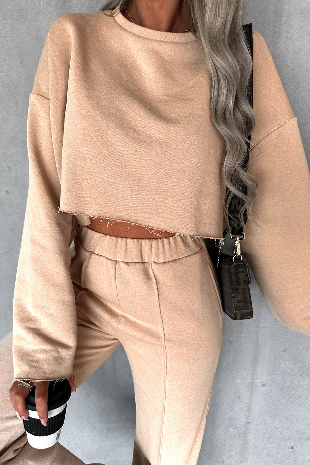 Khaki Long Sleeve Distressed Crop Top Wide Leg Pants Outfit