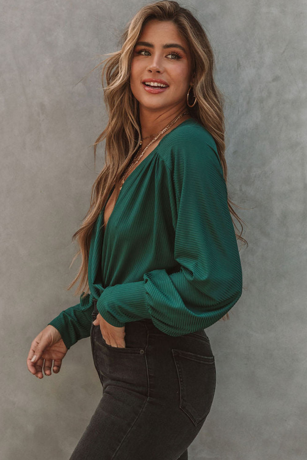 Green Ribbed Texture Drape Front V Neck Bodysuit