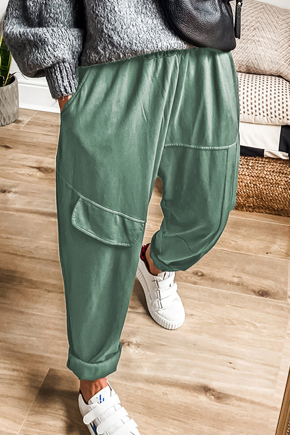 Pantalon cargo vert brume à taille élastique
