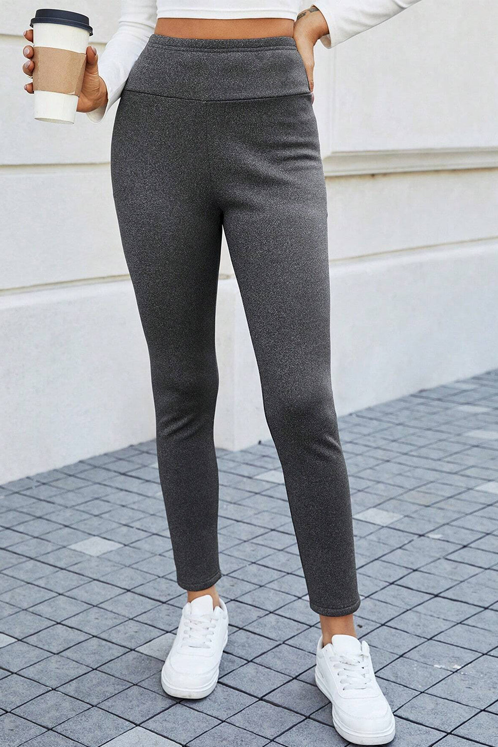 Leggings taille haute en tricot thermique à doublure polaire gris foncé