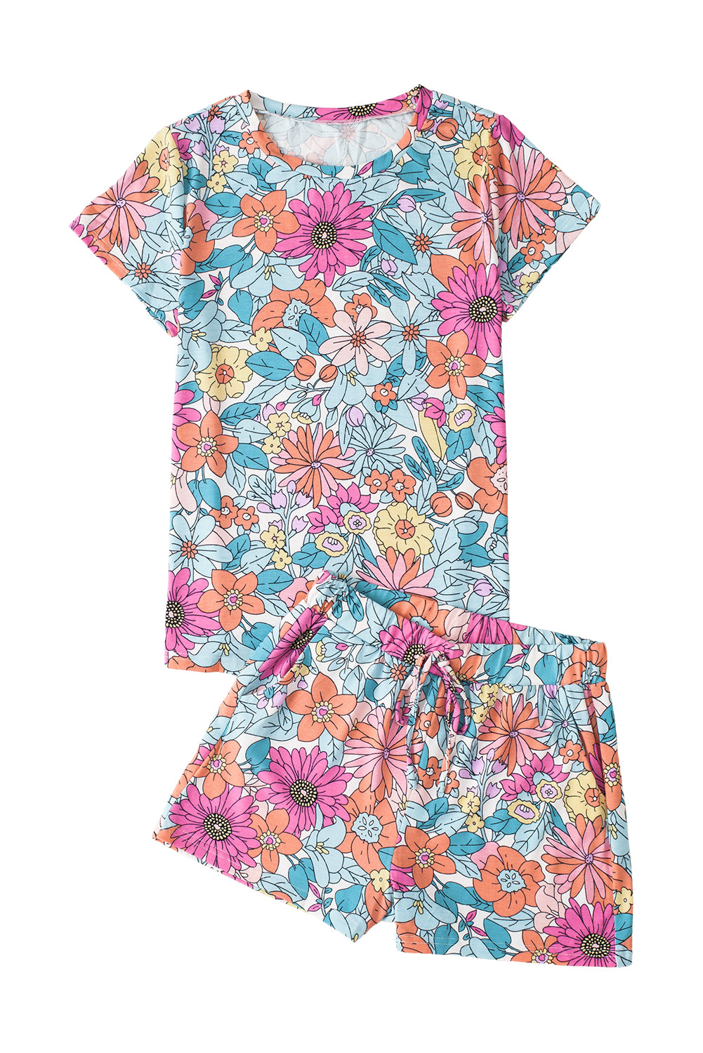 Sky Blue Pocket Short Sleeve Drawstring Lounge Set