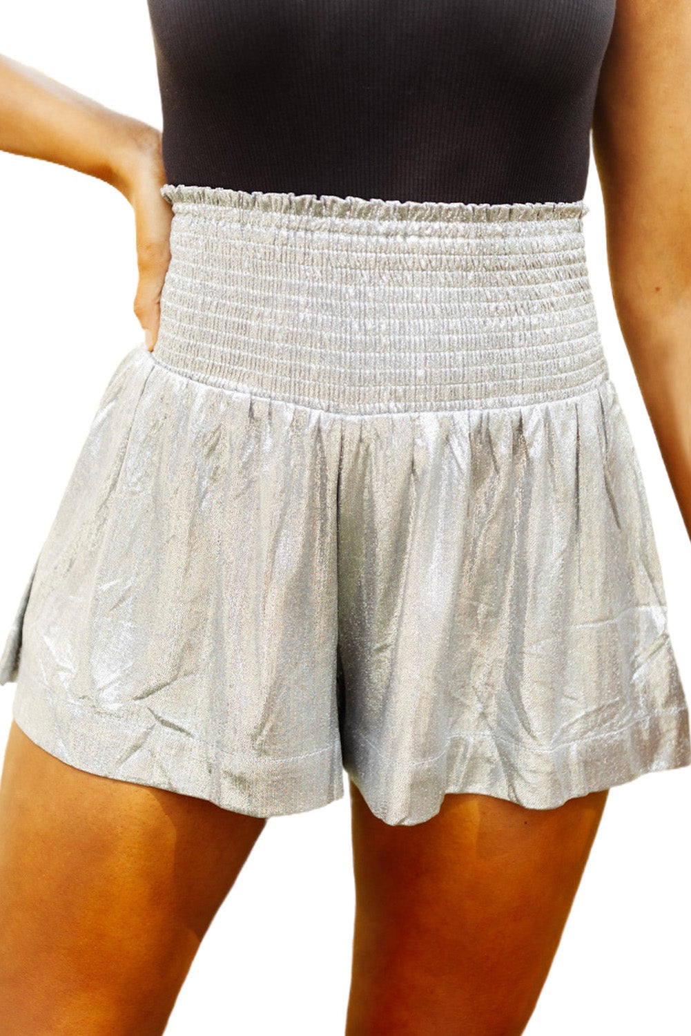 Gray Metallic Sheen Smocked High Waist Shorts