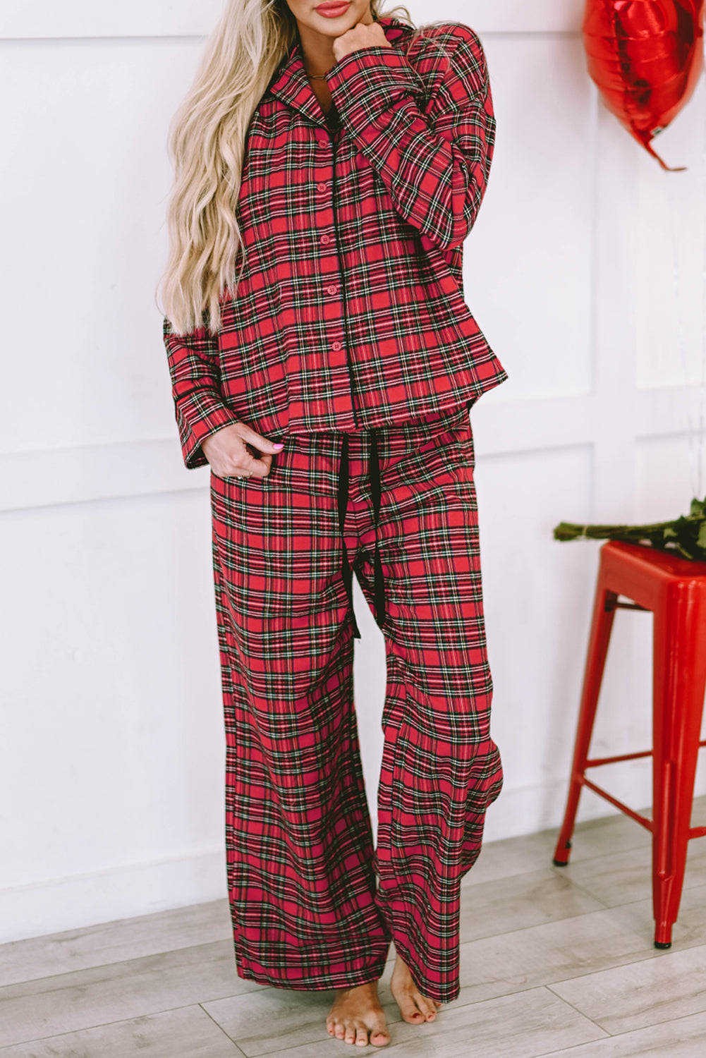 Fiery Red Tartan Plaid Print Long Sleeve Shirt and Pants Pajama Set