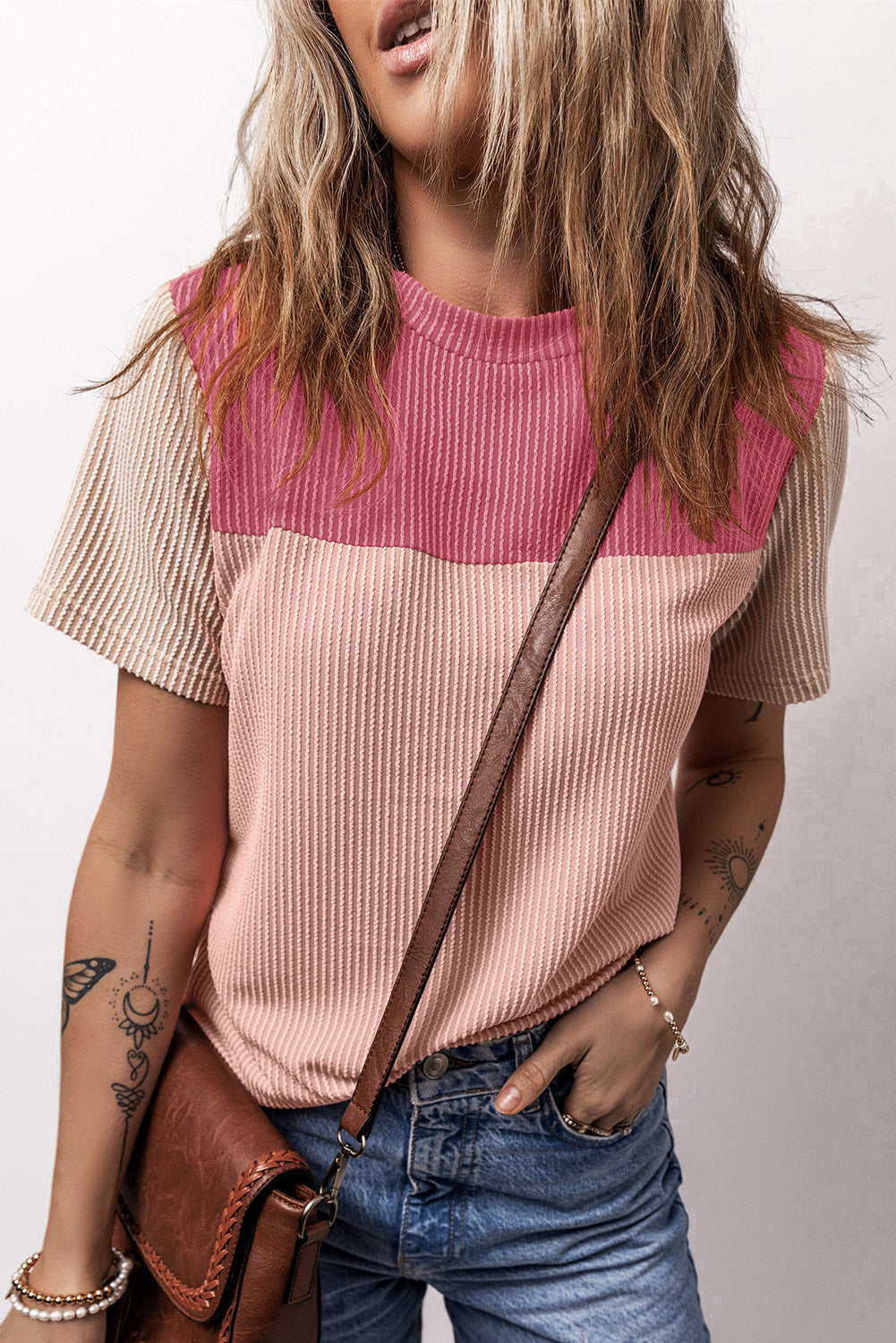 T-shirt color block texturé côtelé rose