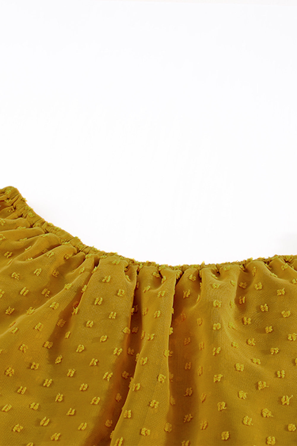 Rumeno rumena rumena maksi obleka s švicarskimi pikami z odprtimi rameni in naborki