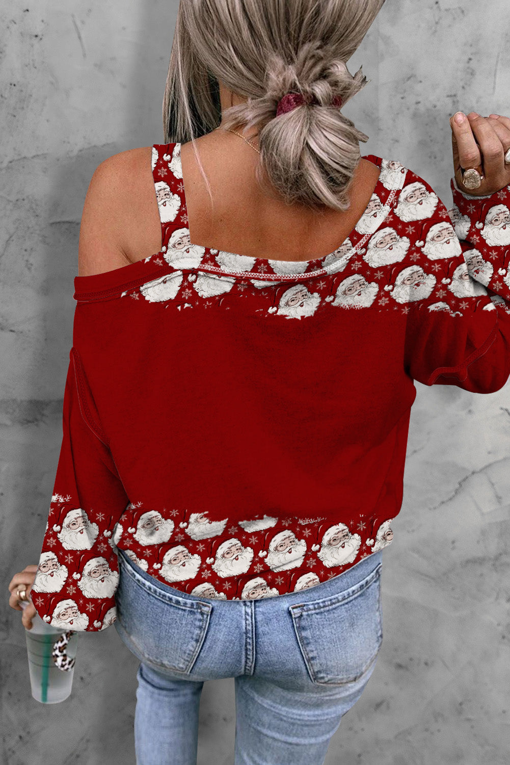 Red Christmas Santa Claus Pattern Cold Shoulder Blouse