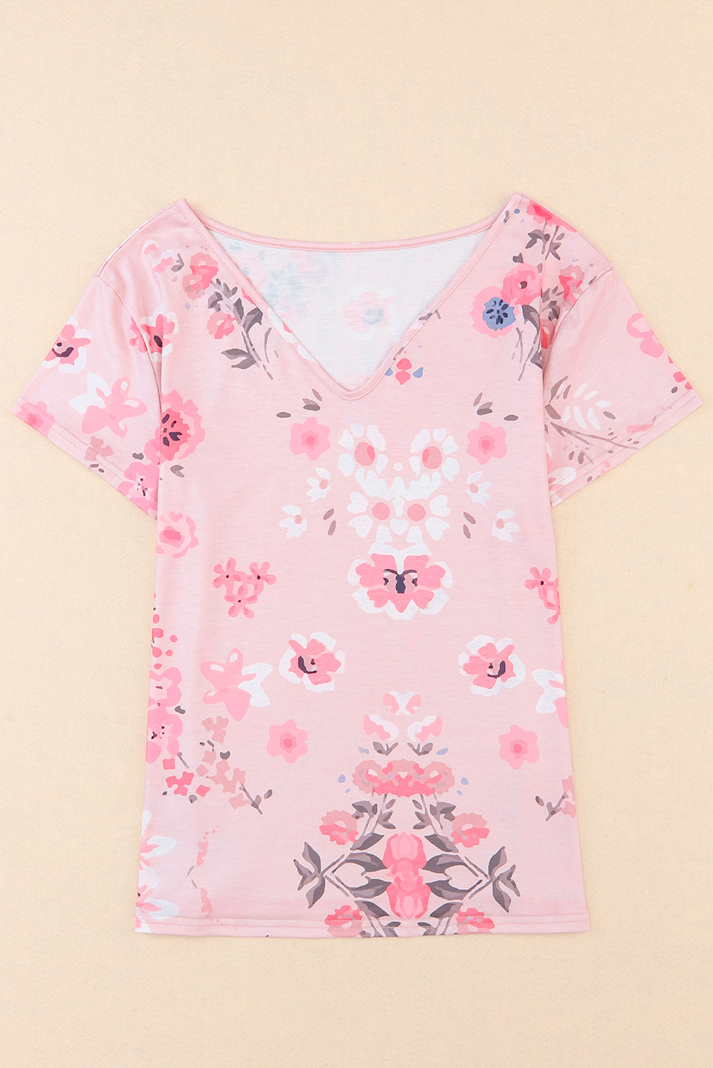 Pink V Neck Floral Print T-shirt