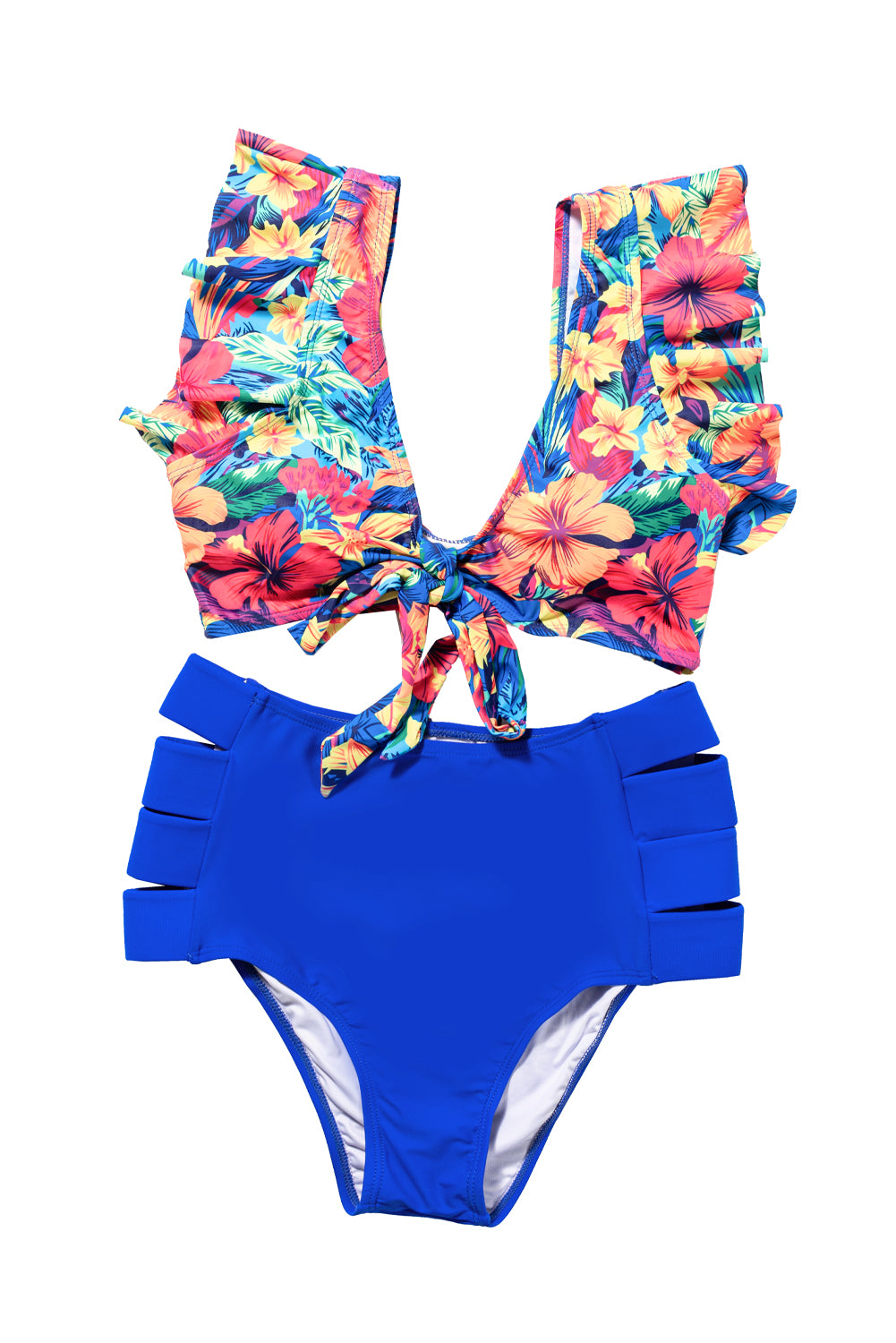 Bikini kupaći kostim visokog struka s cvjetnim printom na prednjoj strani i volanima
