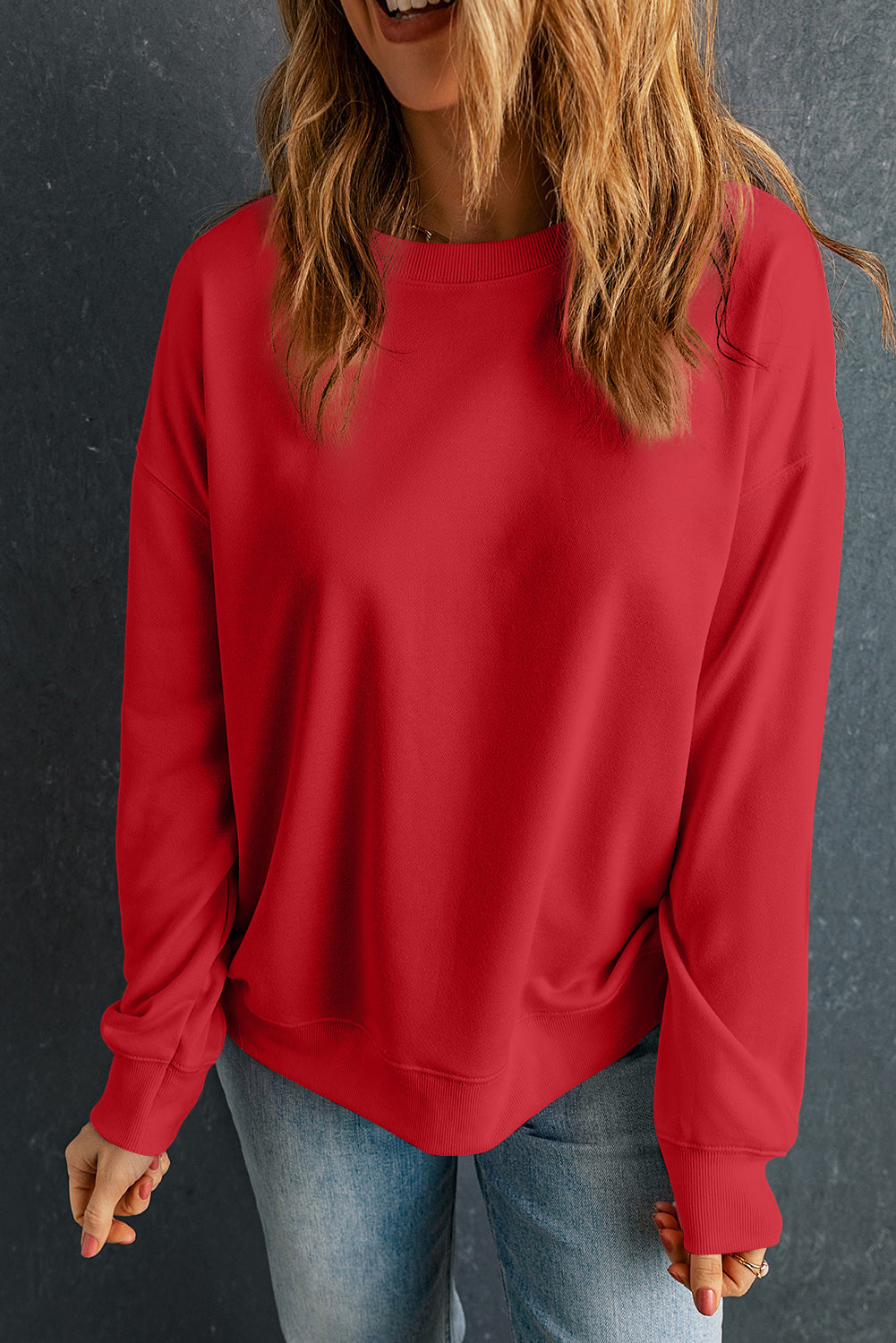 Bež, enobarven, klasičen pulover z okroglim izrezom