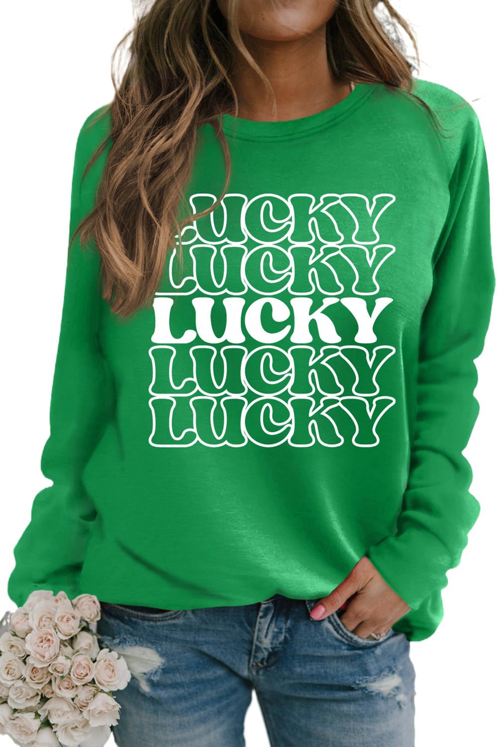 Green Lucky Letter Print Crewneck Long Sleeve Sweatshirt